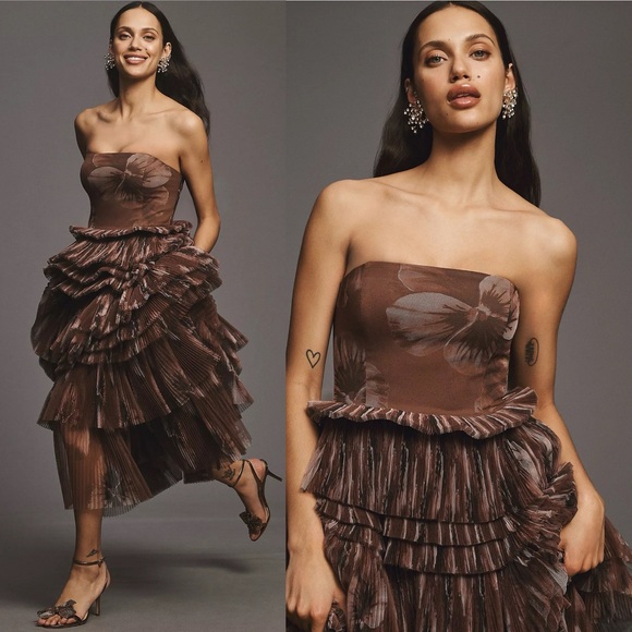 New Anthropologie Hutch Nalina Strapless Tiered Tulle Maxi Dress Floral - Picture 2 of 6